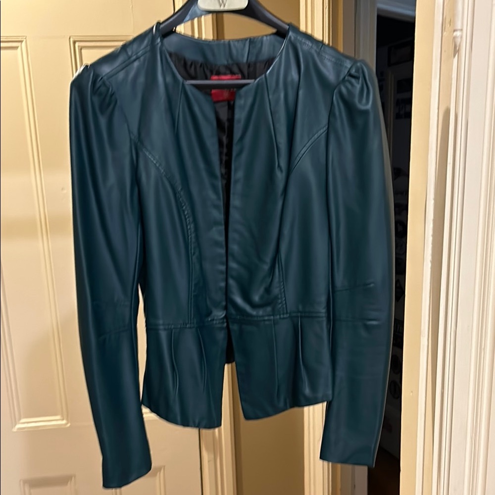 Elle Green Leather Jacket with Peplum Waist and Zipper Closure